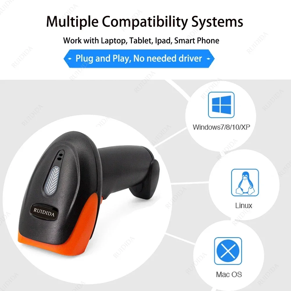 1D 2D Handhel Barcode Scanner with Holder QR Code Reader PDF417 Bluetooth 2.4G Wireless or Wired Bar Code Scanner with Stand