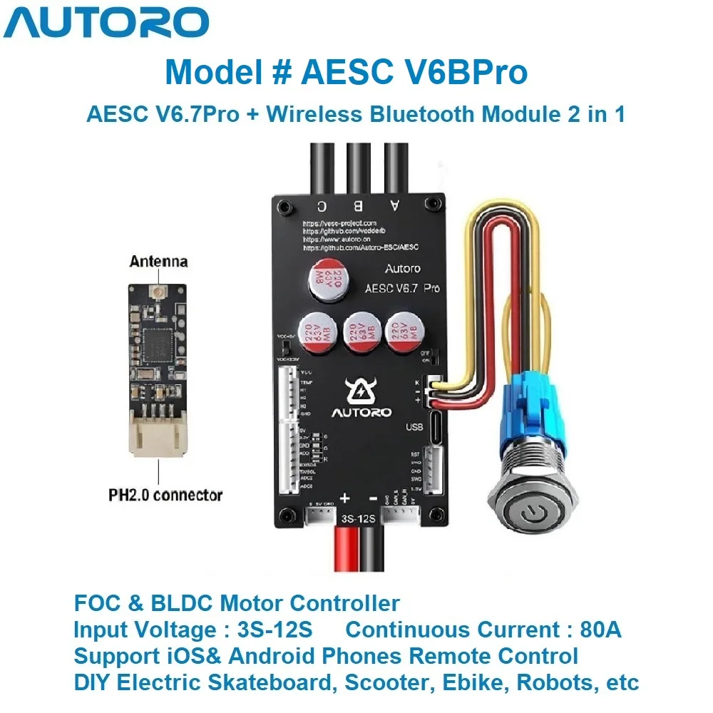 

Autoro ESC V6BPRO с модулем Bluetooth BLDC FOC Контроллер двигателя 12S 80A Sparkless VESC для DIY Электрический скейтборд-самокат-робот