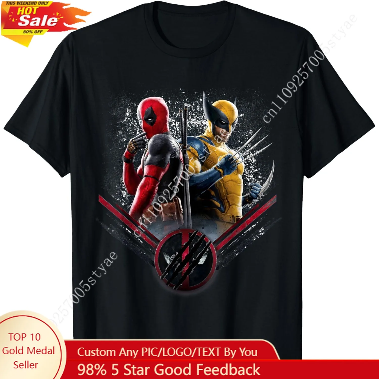 

Deadpool Wolverine Side-by-Side Claw Icon Top Short Sleeve Shirt Crewneck T-shirt Marvel Comics Tee for Man