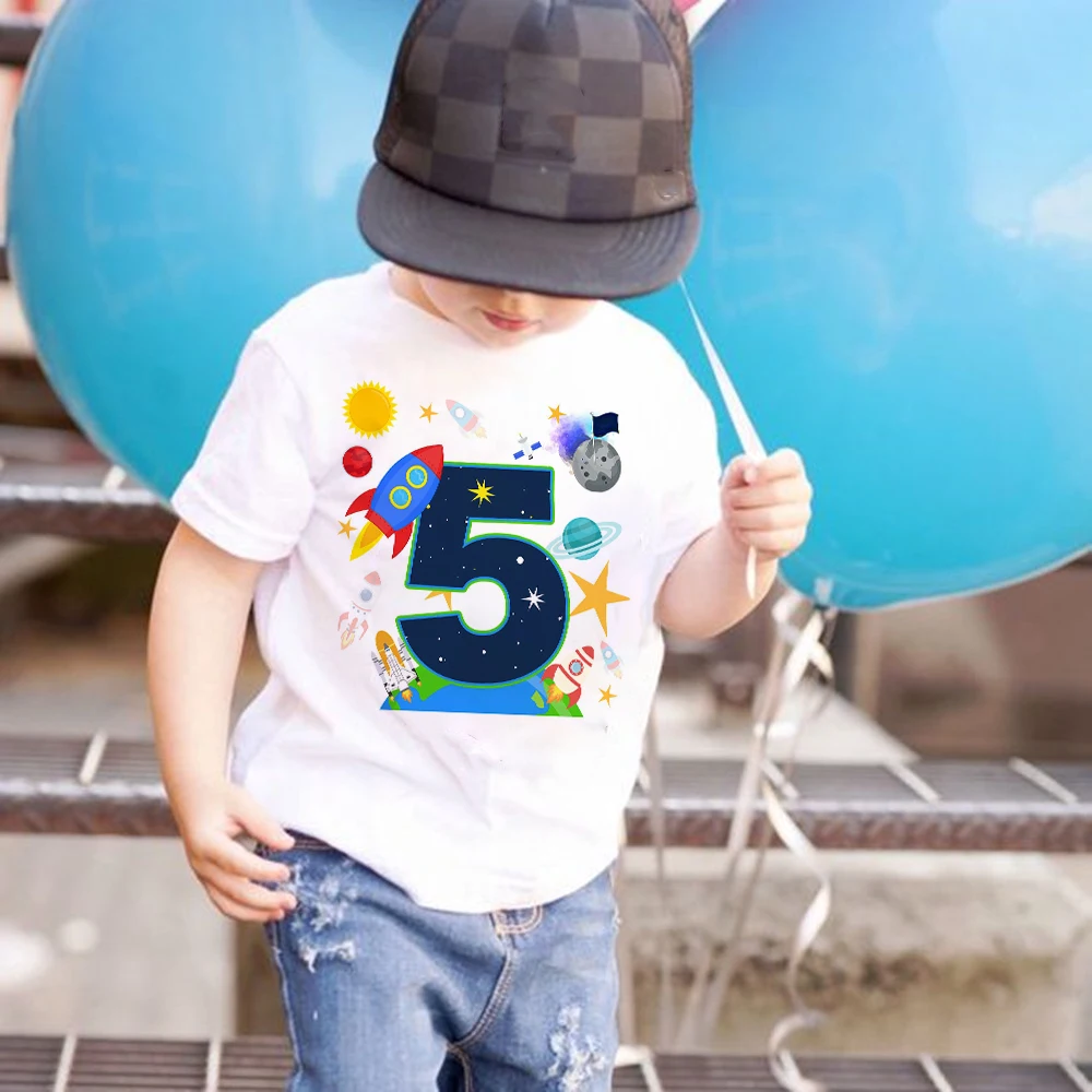 Camiseta con estampado de cohete aeroespacial para niños, traje de fiesta de cumpleaños con tema aeroespacial, Tops para niños y niñas, 1-10