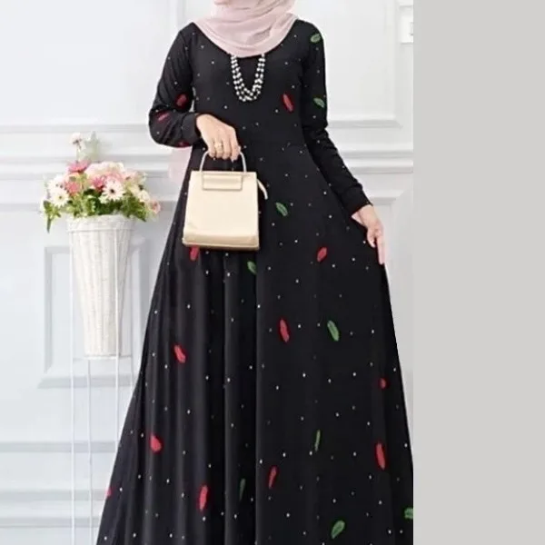 

New Arrival Oem Muslim Women's Wear Fashion Casual Dress Leaves Dotted Prints Spring and Autumn Long Sleeve Bohemian Dress