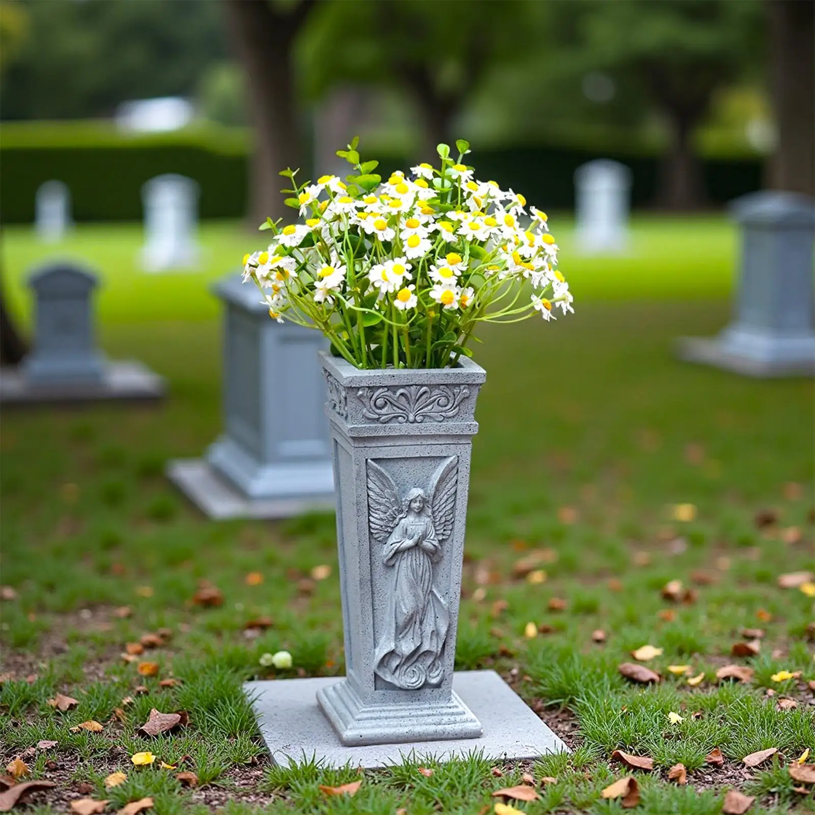Cemetery Vase Resin Angel Carving Ground Stake Artificial Flowers Holder Grave Vase For Mom Dad Friends Relatives Gravesite