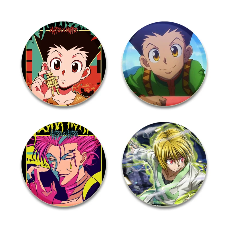 Cartoon Figure GON Killua Kurapika Leorio Round Display Brooches Lapel Pins Hunter X Hunter HD Print Brooch Anime Badge Jewelry