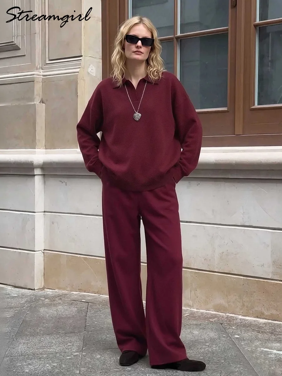Autumn Kint Suit Women Pants Burgundy 2 Piece Set Warm Polo Sweaters Wide Leg Trousers Brown Winter Knitted Pants Set For Women