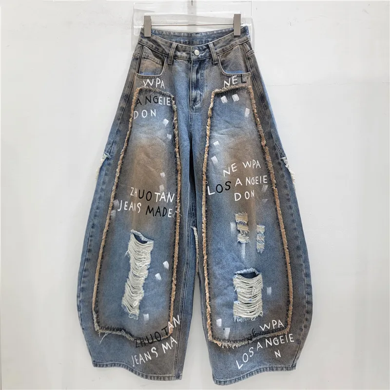 

2026 Summer New Design: Hand-painted Letter, Tie-dye, Distressed, Scalloped Hem Jeans - Women's Unique Style, Denim Pants