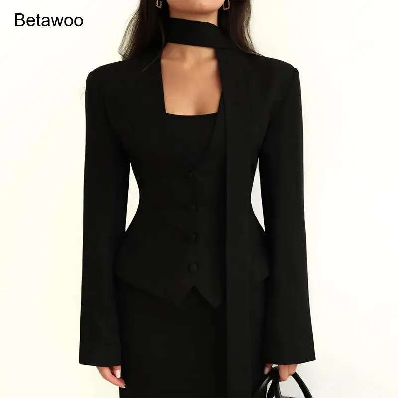 Women's Elegant 3 Piece Suit Set Blazer Vest and Choker Neck Top Slim Fit Formal Office Lady Business Work Wear Solid Color