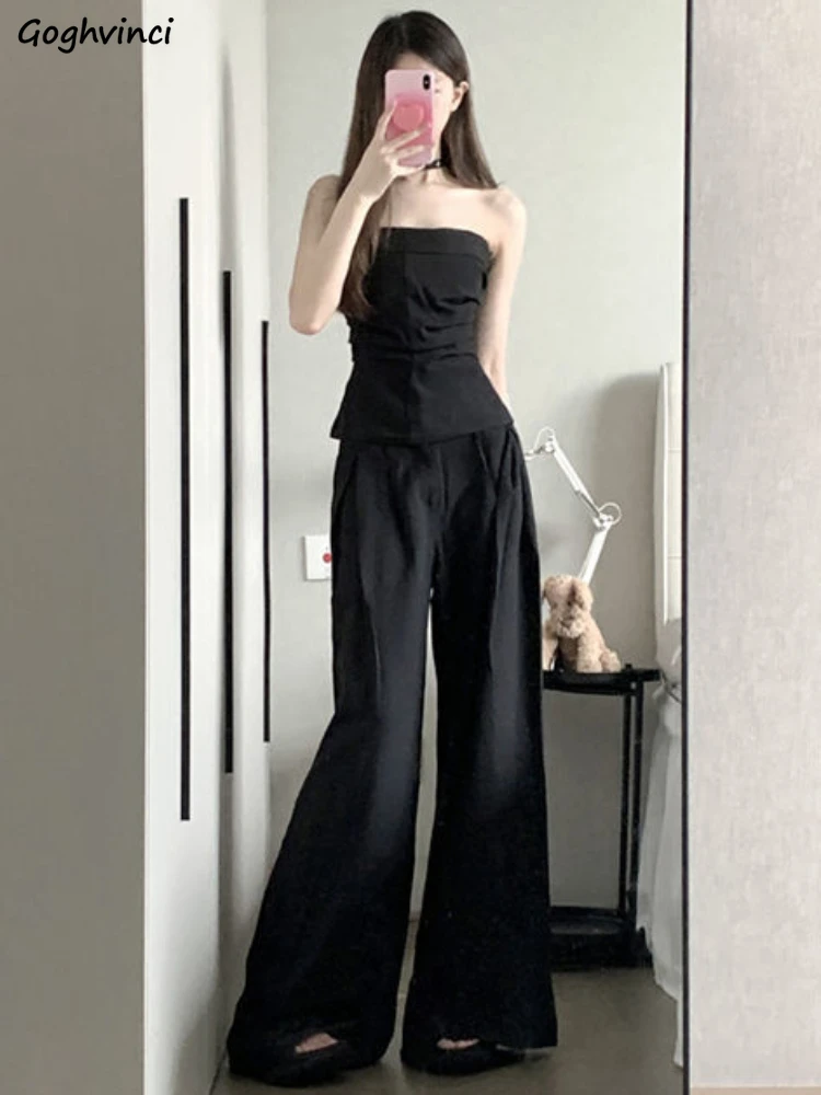 Women Sets American Hot Girls Fashion Slim Solid Black Tube Tops Off Shoulders Casual Long Wide Leg Trousers Summer Street Chic