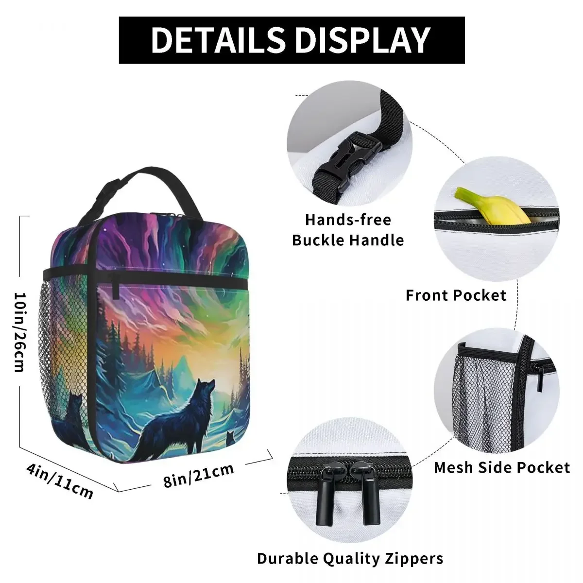 Wolf Northern Light Aurora Borealis Scenery Mountains Rivers Trees Insulated Lunch Bag Box Tote Portable Lunch Boxes Container