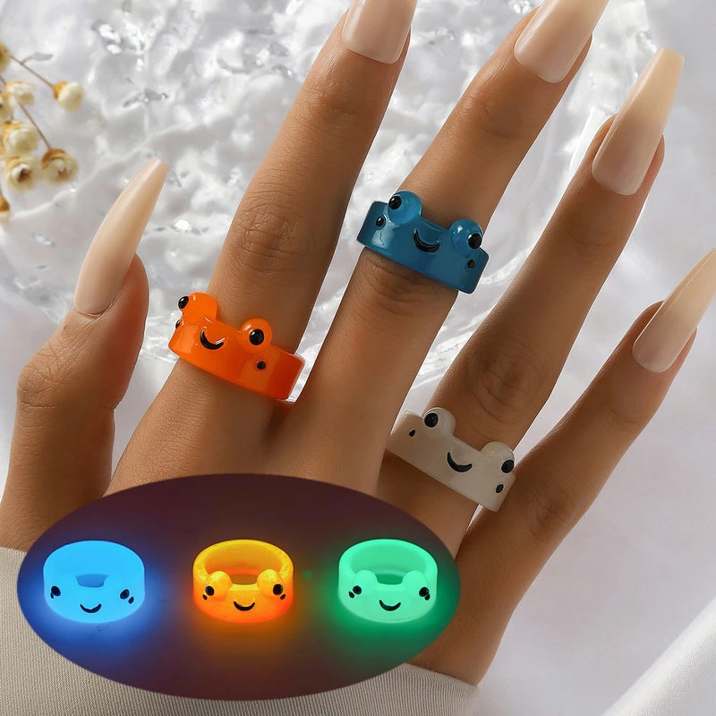 3pcs Fashion Frog Luminous Ring for Women Men Fluorescent Rings Animal Glow In Dark Acrylic Ring Jewelry Set freeshiping items