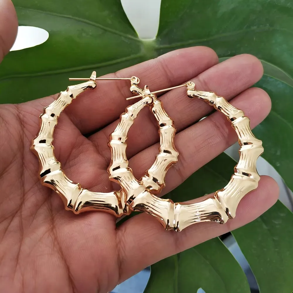 Trendy Classic Larger Gold Silver Color Bamboo Hoop Earrings for Women Girl Summer Spring Autumn Fashion Jewelry Accessory Gifts
