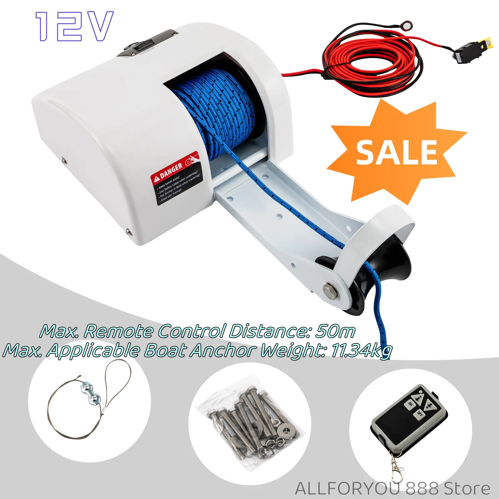 12V White Electric Anchor Winch+Wireless Remote Control For Boats with 25lbs Boat Anchor