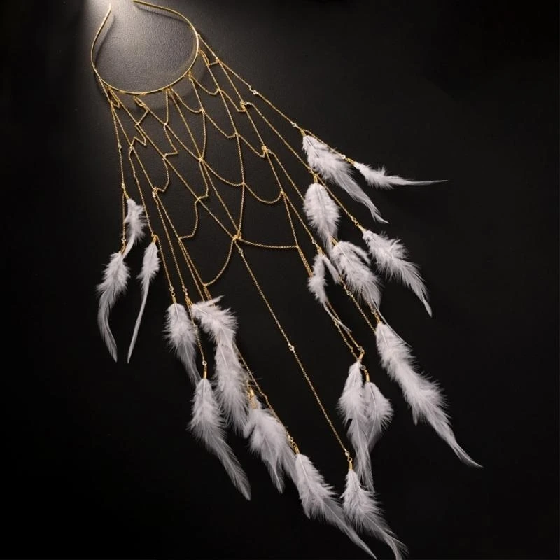 G7NC Elegant Feathered Tassels Headpiece Hair Jewelry Bohemian Hairband Adornment for Weddings and Vacations