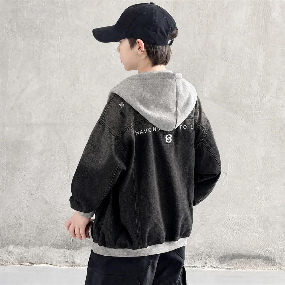 Autumn High Quality Children Black Blue Denim Jacket with Hood for Boys Luxury Hooded Coat Outfit Kids Casual Spring Clothing