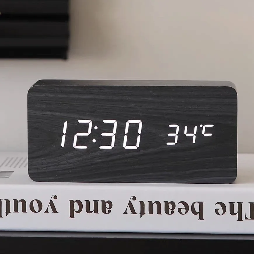 Nordic Wood Grain Alarm Clock Electronic Clock Silent Night Light Student Multifunctional Desk Clock