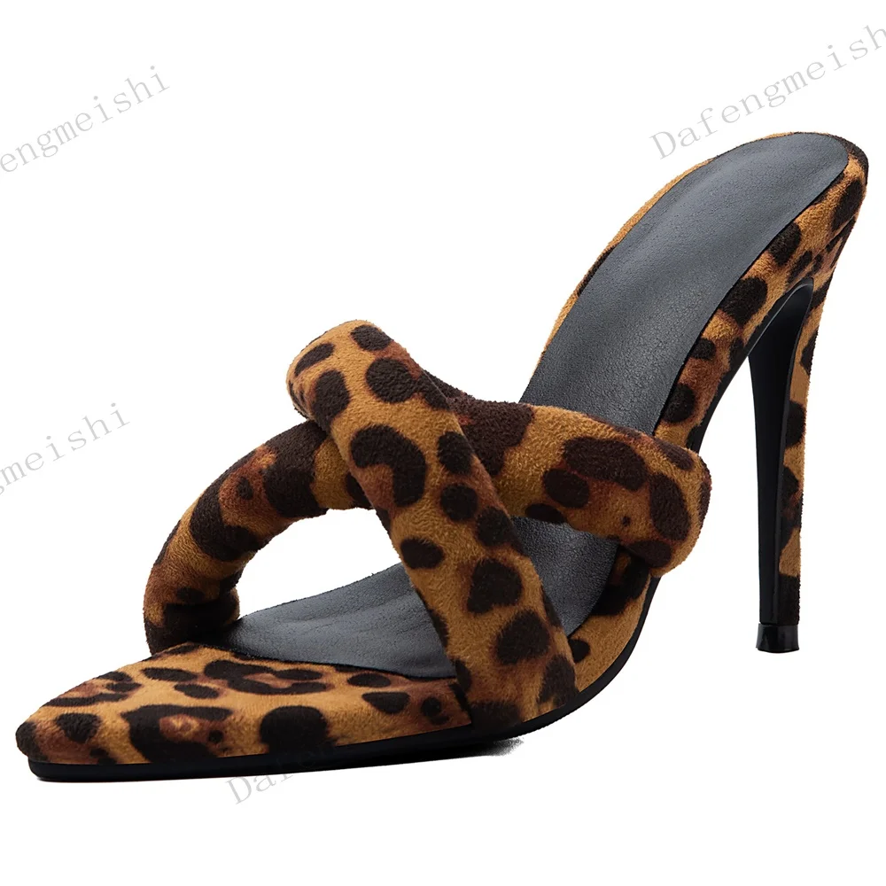 Leopard Print Twist Strap Mule Slippers Open Toe Slip On Thin Stiletto Heels Sandals Women Street Fashion Slide High Heels