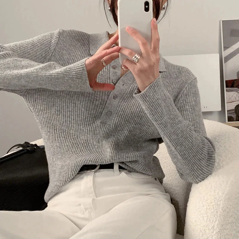 

Casual Knitted Long Sleeve Sweater Women Autumn And Winter Loose Button POLO Top Fashion Socialite Solid Color Versatile Hoodie