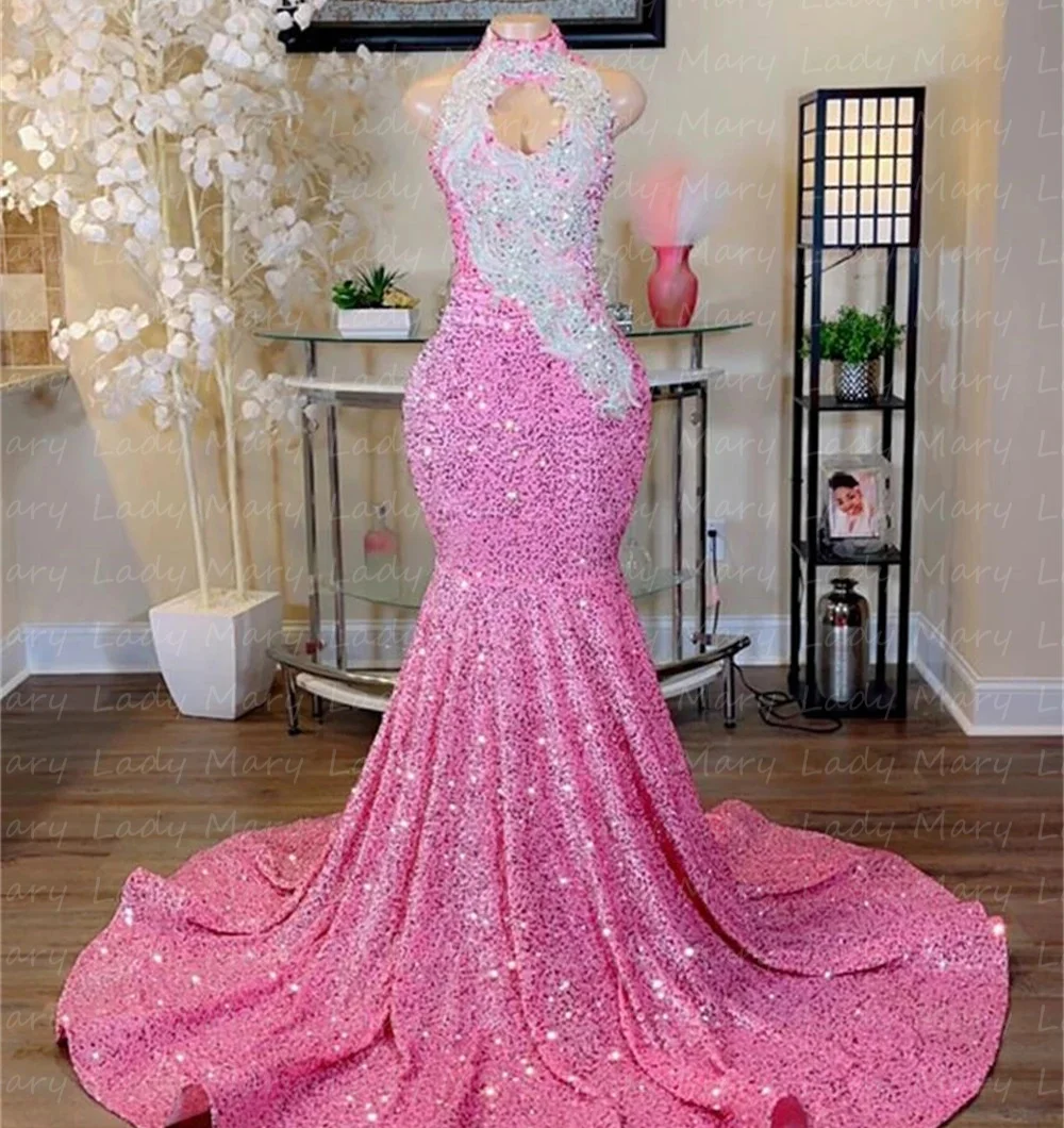 Customized Pink Sequin Prom Dresses Rhinestones Halter High Neck Girl Silver Crystal Long Evening Gowns Graduation Party Rob