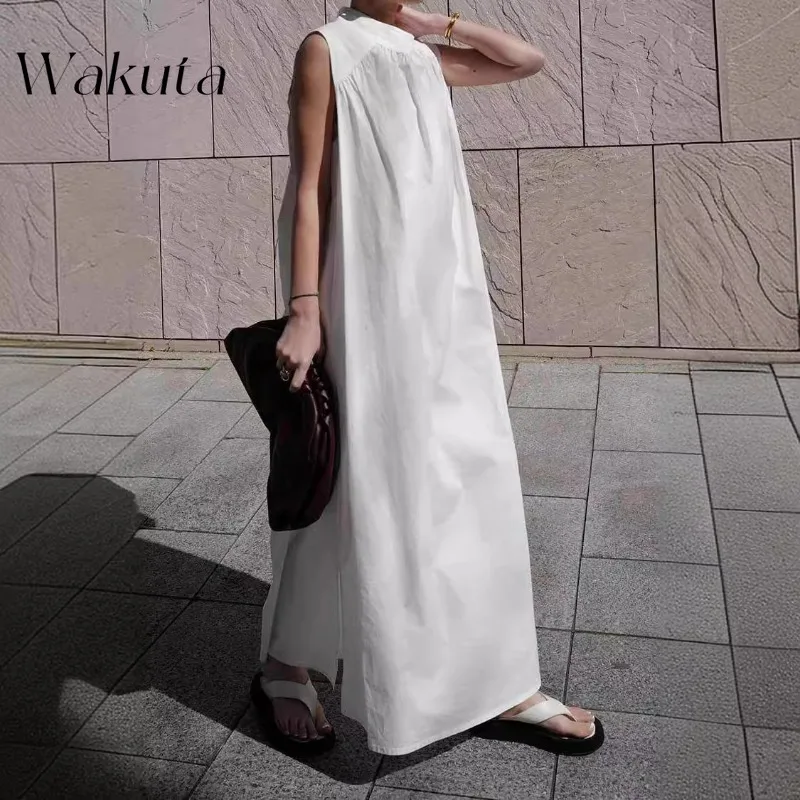 

WAKUTA Japanese Blogger Niche Fashion Stand Up Collar Minimalist Temperament Loose Casual Sleeveless Robe Maxi Dresses for Women