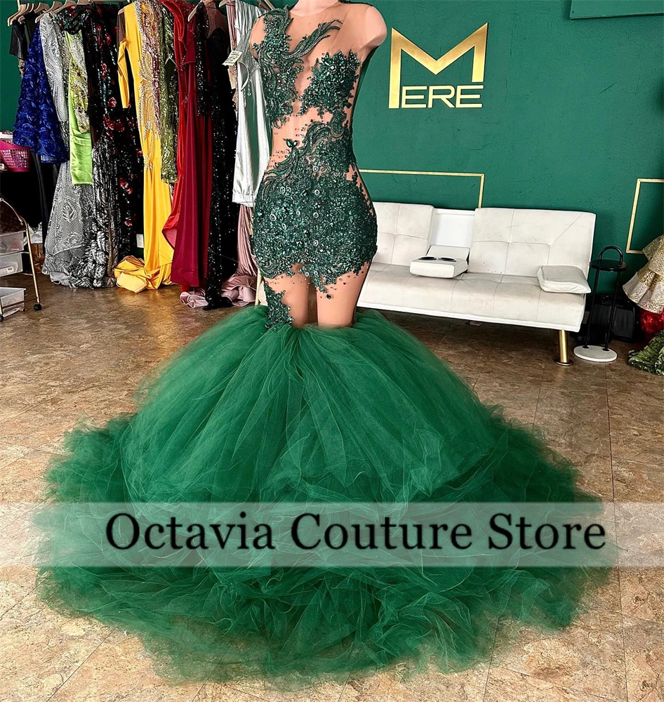 

Green Bead Crystal Appliques Prom Dresses Long O Neck Rhinestone 2025 Birthday Luxury Dress Tiered Formal Gown Customized