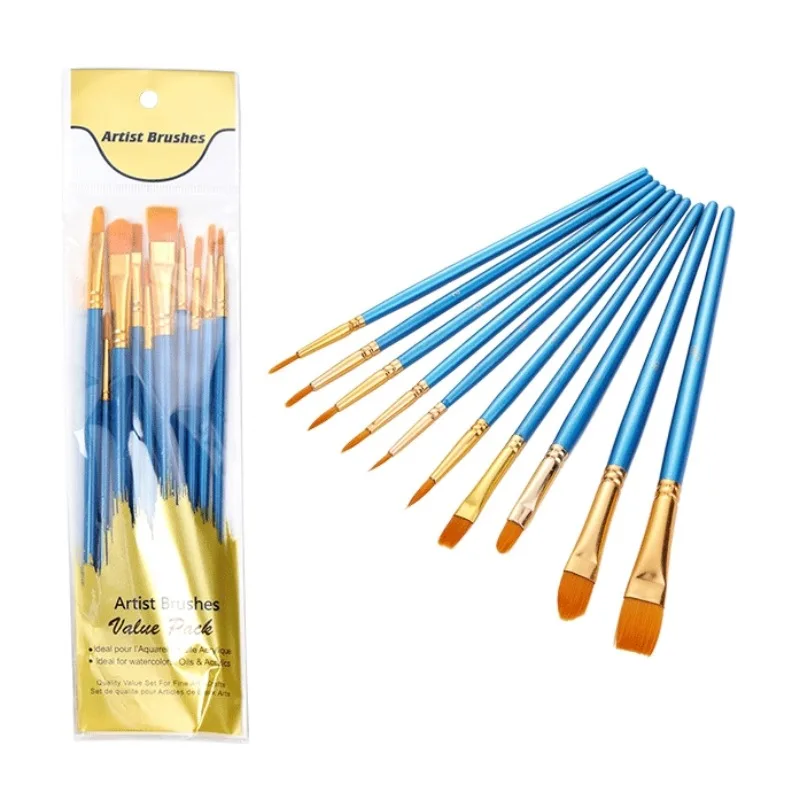 10Pcs/Bag Artist Painting Brushes Set Round Flat Nylon Hair Paint Brush Pen Oil Acrylic Watercolor School Drawing Art Stationery