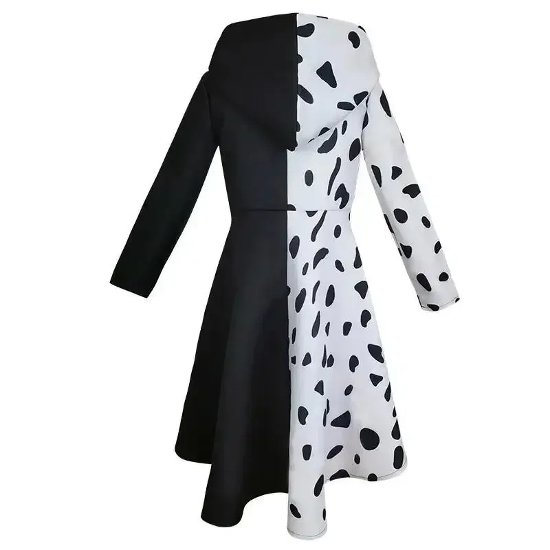 Disfraz de Cruella Deville para niñas, mono dálmata negro, vestido de fiesta de Halloween para niñas de 4 a 12 años