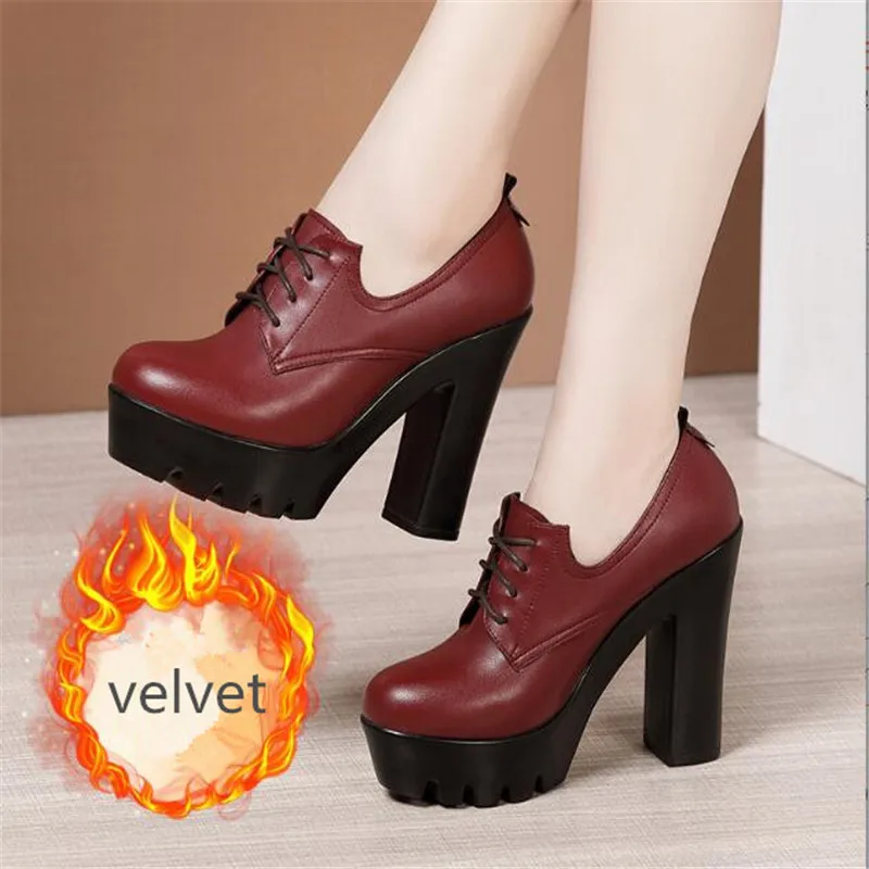 Women's High Heels Women 2023 Autumn New Deep Mouth Lace Up Thick Heel Platform Pumps Size 32-43 Ladie Office Shoes Women Boots