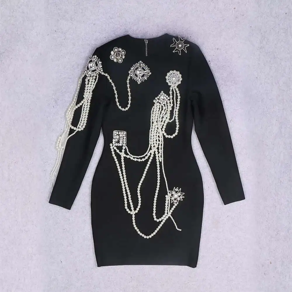 LEOSOXS สตรีชุดกํามะหยี่สีดําแขนยาวเพิร์ล Rhinestone Embellished Elegant Evening Party ชุดราตรีชุดราตรีชุด