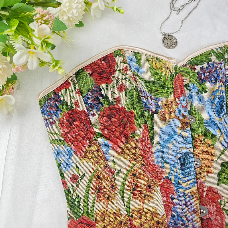 Summer new style retro print boned corset with lace-up drawstring at the back, French-style strapless shaping bustier for outer