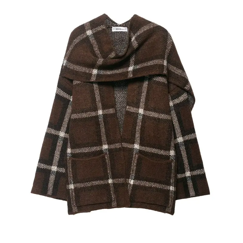 2025 Autumn New Plaid Scarf Knitted ort Coat Women's Faion Outerwear Lady's Cheered Patterned Ne Warmer ort Jaet