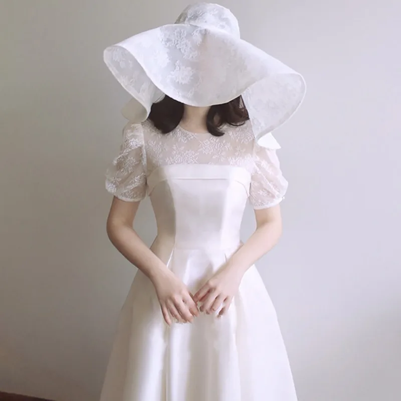 White Lace Puff Short Sleeve Satin Wedding Dresses For Women Sheer Floral O-Neck A-Line Ankle Length Simple Bridal Gown Dress view 3