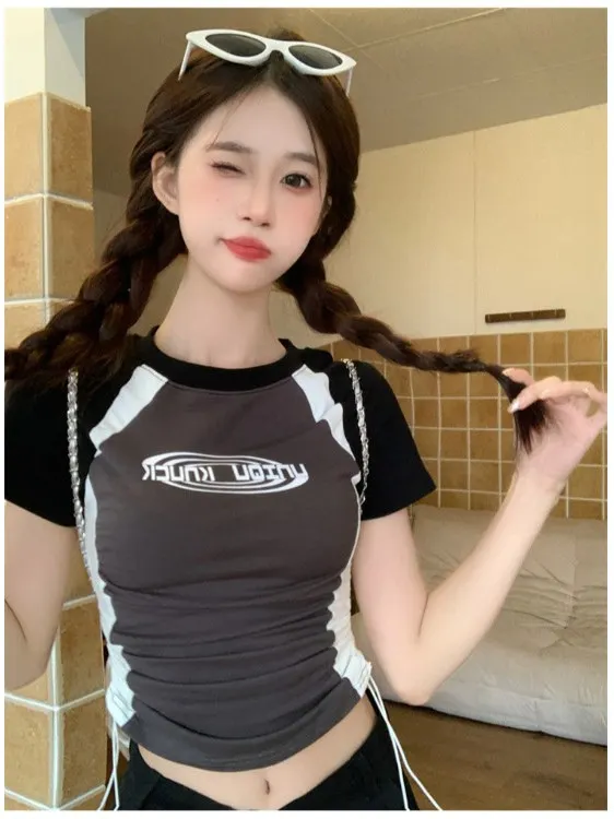 Summer New Style Short American Hot Girl T-Shirt Drawstring Color Block Design Slim Fit Printed round Neck Cotton Polyester