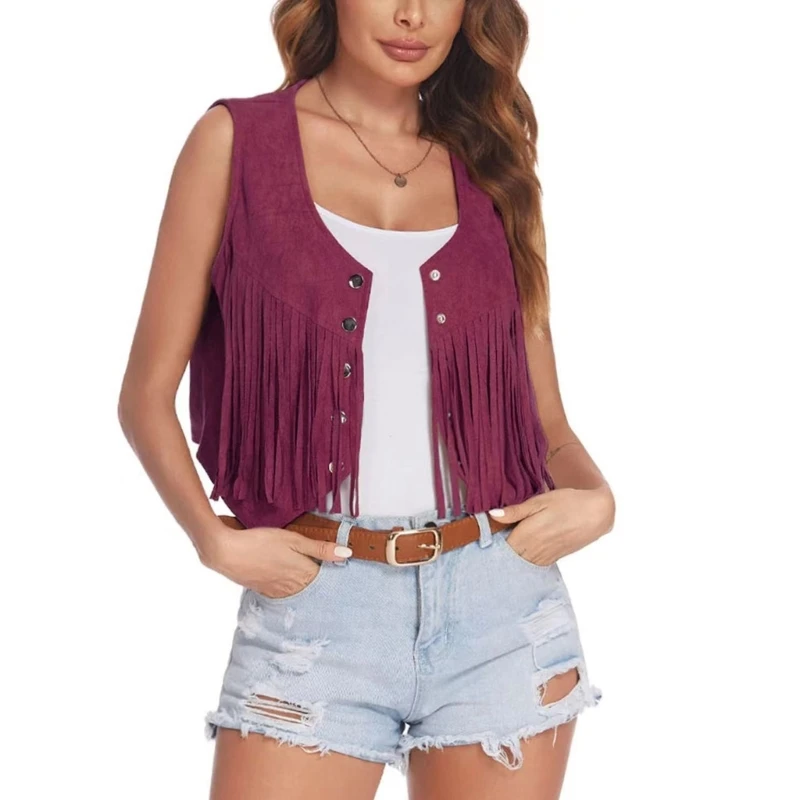 Women Tassels Vest Hippie Button Down Sleeveless Fringe Jackets Outwear Summer Button Open Front Cardigan Streetwear