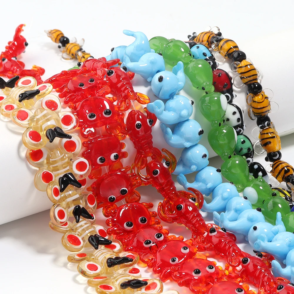 2-4pcs/lot Colorful Lampwork Beads Cartoon Crabs Shrimp Fish Animal Shape Loose Beads For DIY Craft Jewelry Necklace Accessories - Image 2