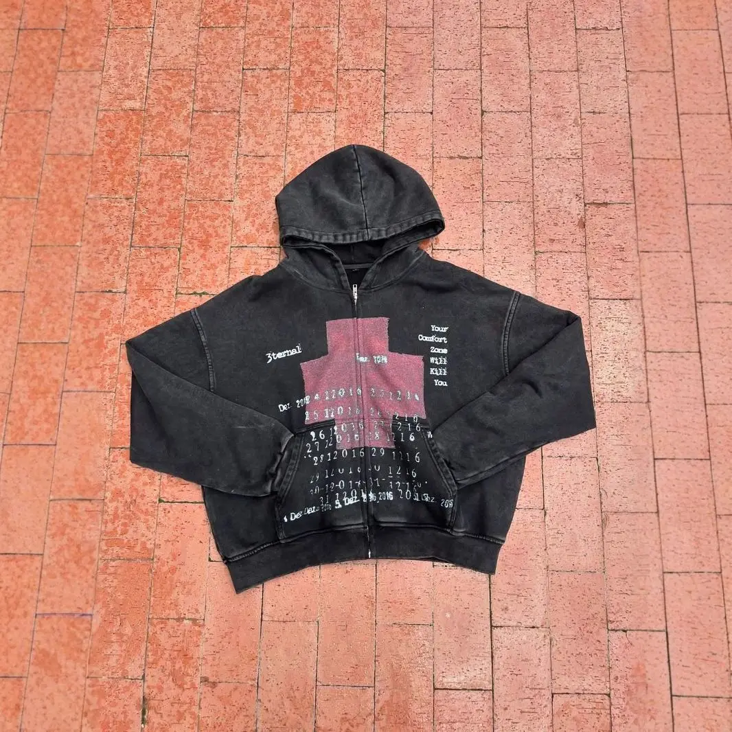 Mens Hoodie Vintage Y2K Streetwear Pullover Gray Sweatshirt Red Cross Print Distressed Style Long Sleeve Casual Dark Fashion