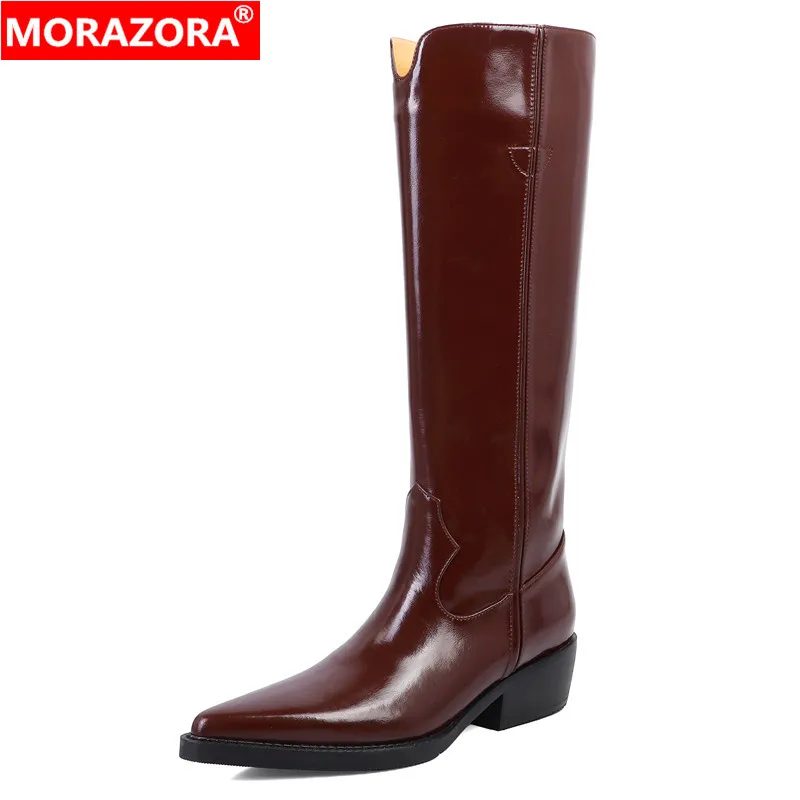 

MORAZORA 2024 New Genuine Leather Knee High Boots Fashion Female Slip On Modern Boots Square Med Heels Women Spring Boots