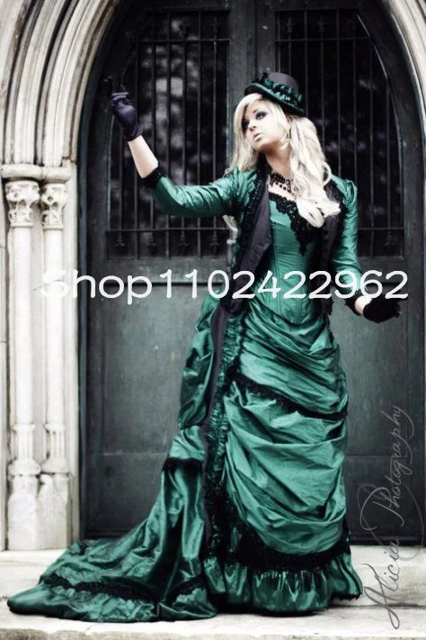 

Customized 19th Century Bustle Hunter Green PromDress with Long Sleeve Jacket Ruched Stain Beaded Corset Gothic Victorian Evenin