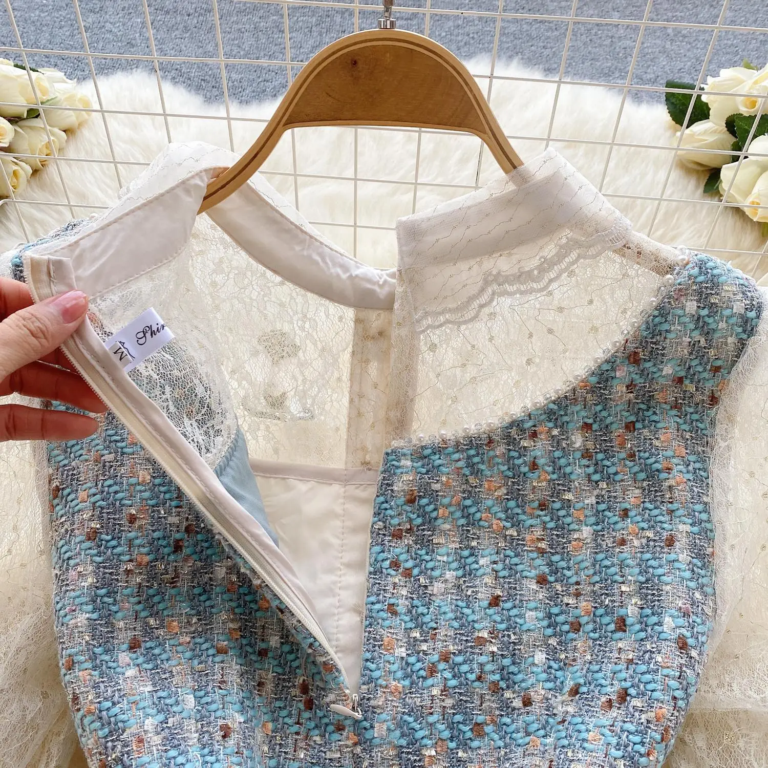 Autumn Lace Patchwork Beaded Elegant Tweed Dress For Women Lapel Long  Sleeve High Waist Woolen Dress Female Clothing - AliExpress 200000345