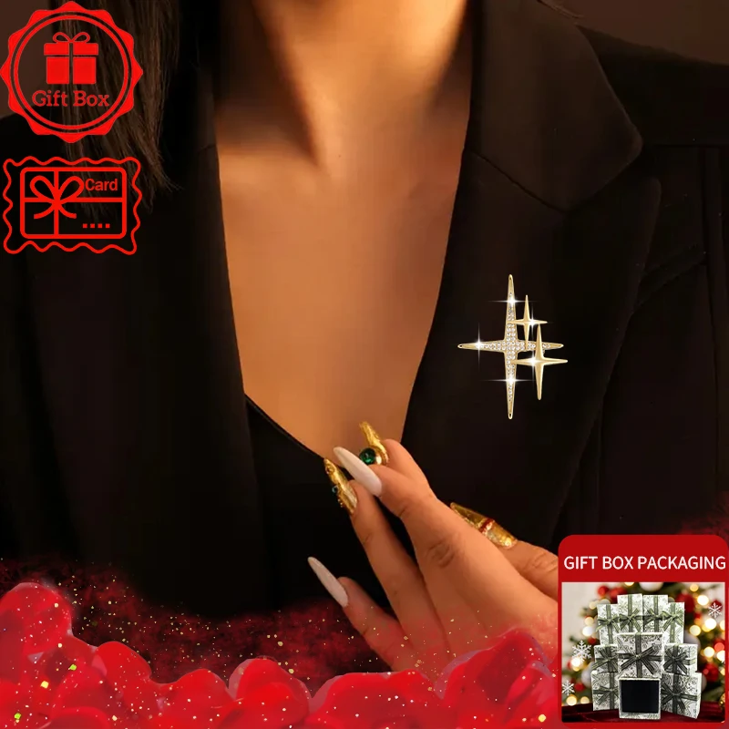 Four-Point Star Brooch with gift box, 2026 new style, elegant and fashionable. Wearing at daily and holidays. Good gift choices.