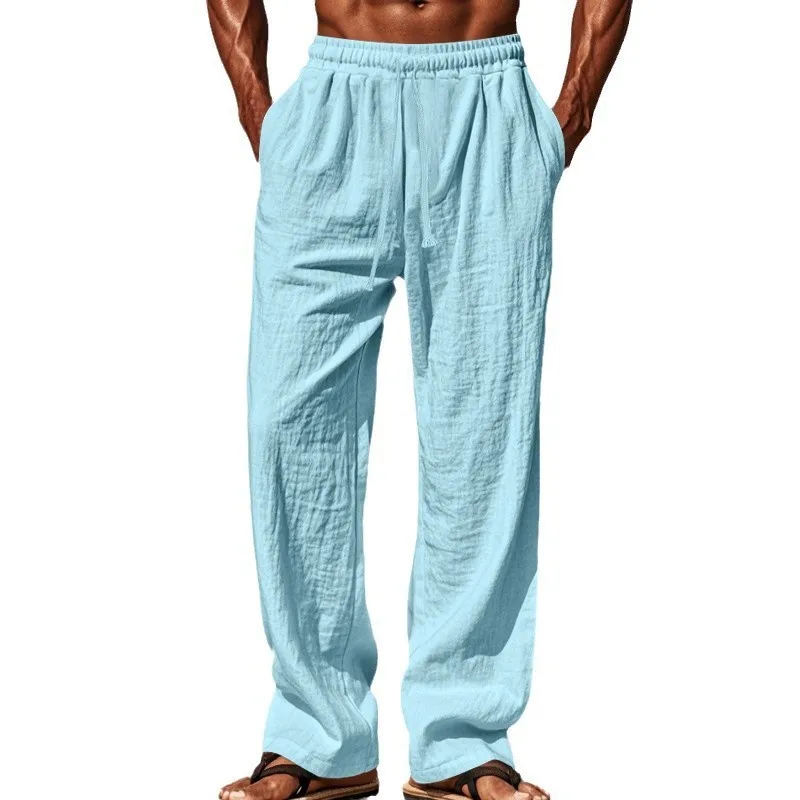 Summer Retro Cotton Linen Loose Harem Pants Elastic Drawstring Waist Casual Pants Basic Versatility Wide-leg Ankle-Length Pants