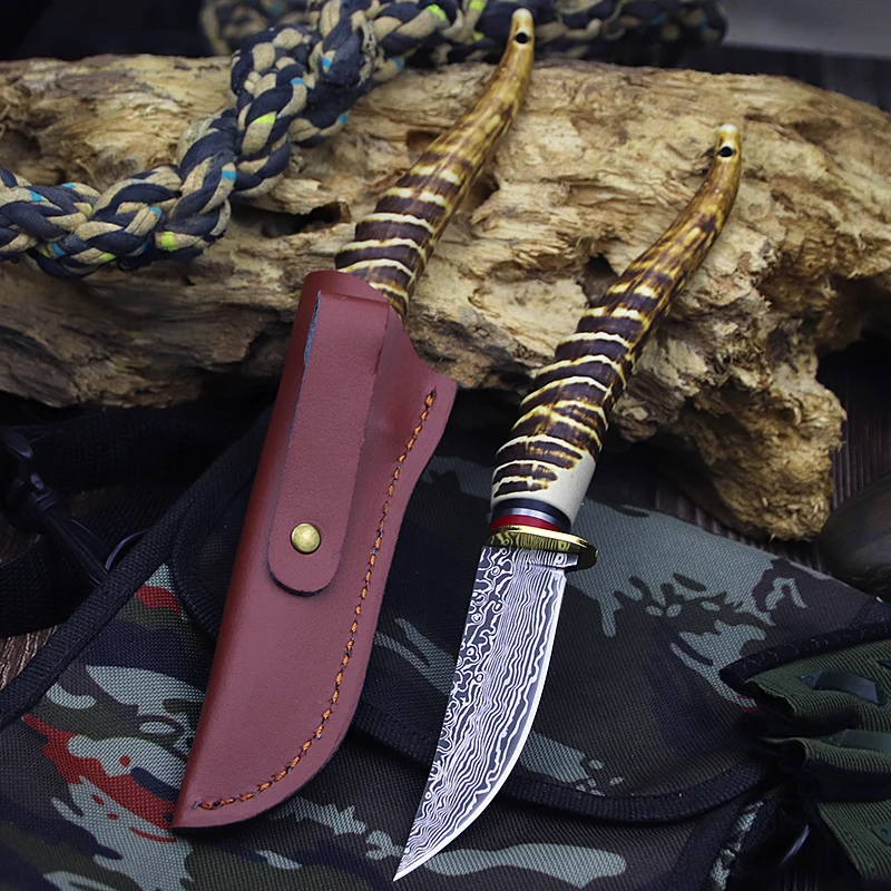 

Damascus pattern stainless steel outdoor knife, Japanese imitation corner handle camping knife Western food steak knife