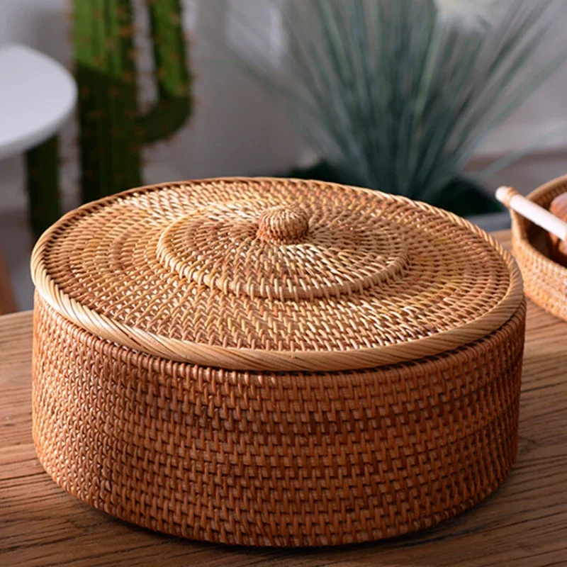 Hand-woven Round Box Rattan Storage Boxes with Lid Multi-Purpose Picnic Food Bread Fruit Table Storage Basket Home Office Decor