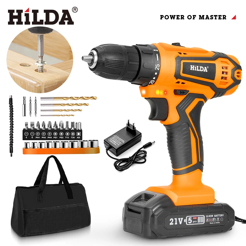 

HILDA 21V Cordless Drill Set 25+1 Torque Clutch Work Light Brushed Motor 2 Speeds Control Stepless Speed Regulation