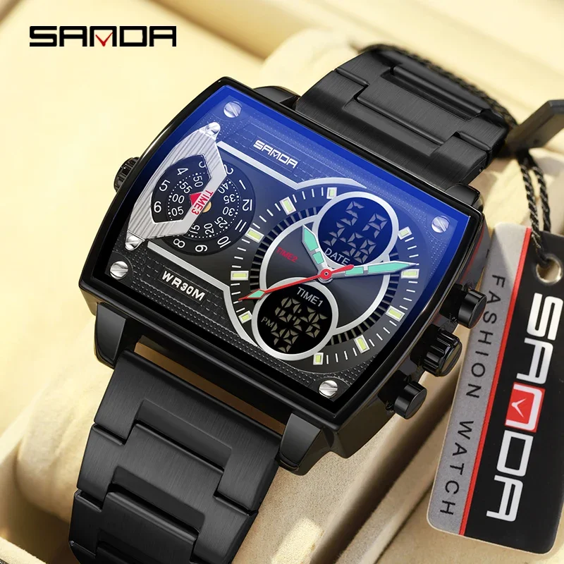SANDA New Man's Watch Fashion Square Large Dial Unique Pattern Sports Multifunctional Student Electronic Watch Waterproof Watch