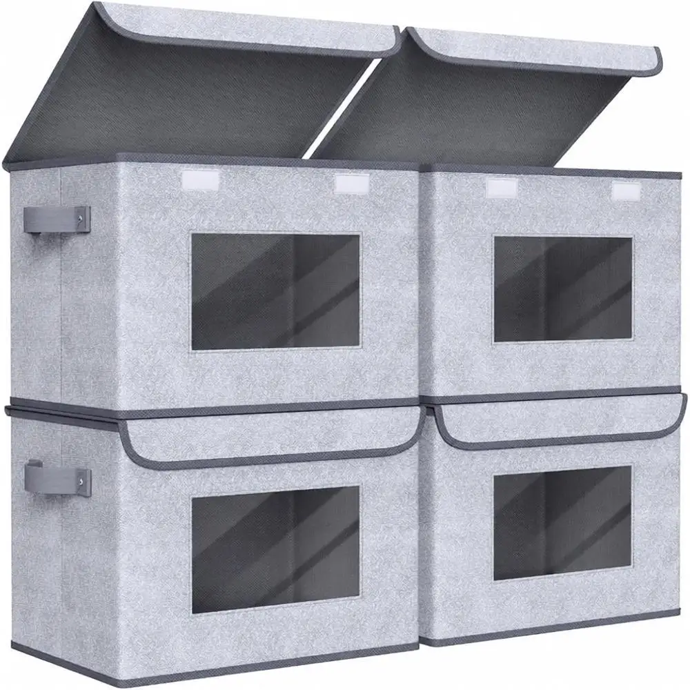 

Большие складные коробки для хранения, 4 шт. с крышками, штабелируемые органайзеры для дома, офиса, спальни - серые (17 x 12 x 12)
