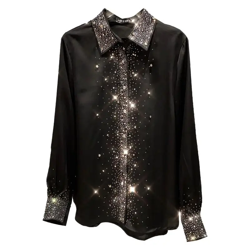 

Spring Fall Lapel Stars Rhinestone Satin Shirts Solid Color Faux Silk Diamonds Blouse Long Sleeve Turn Down Collar Blusas Mujer