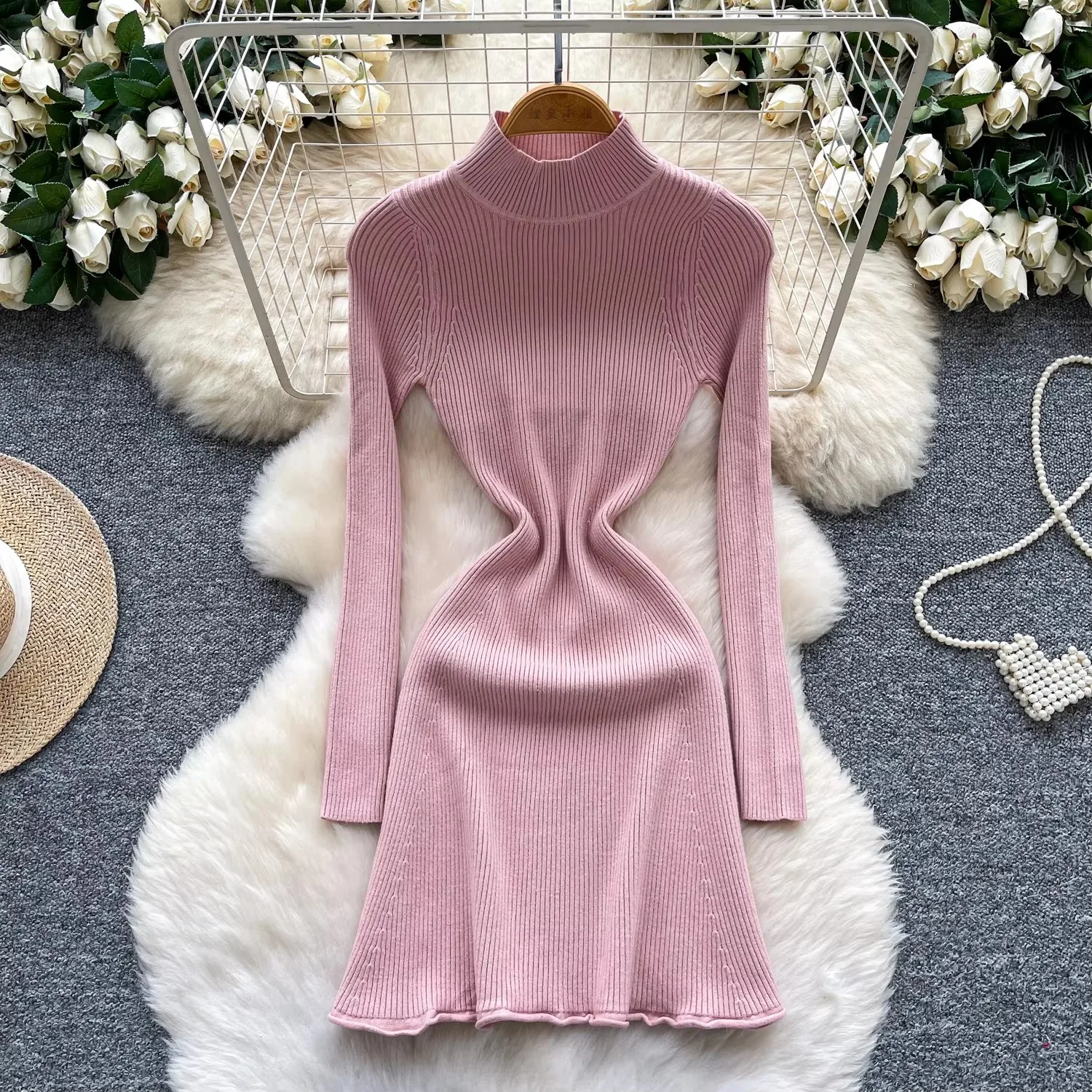 REALEFT Otoño Invierno estilo francés de las mujeres de punto A-line vestidos sólidos de manga larga cuello alto Casual inferior vestidos envolventes Mujer