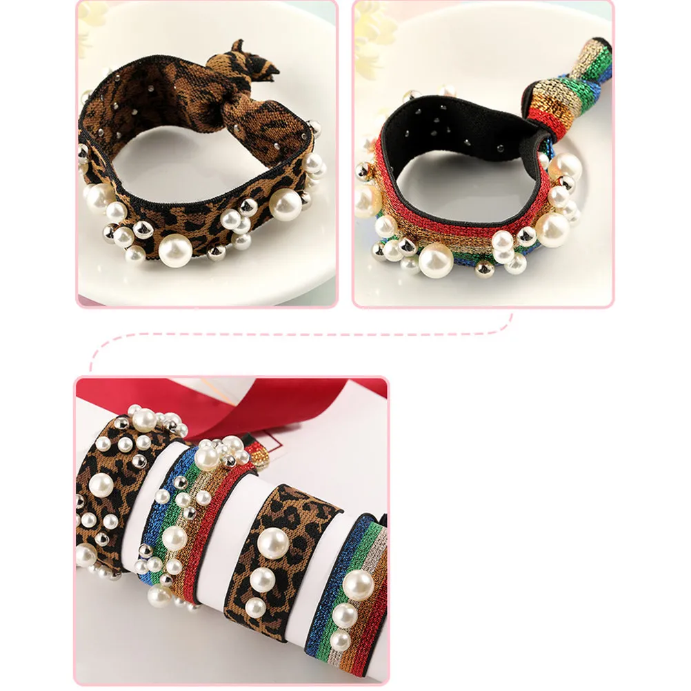 Pearl Hair Ties 2Pcs Leopard Rainbow Knotted Hair Ropes for Women Stylish Daily Ponytail Accessories