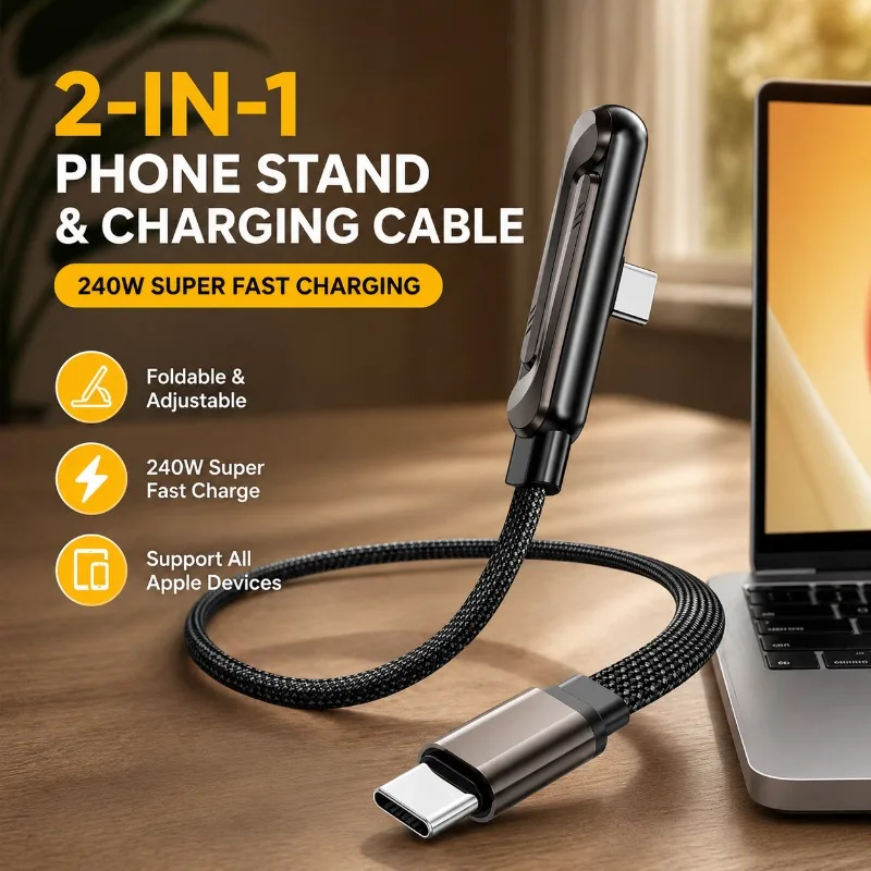 

Foldable Angled Phone Stand & Charging Cable 2-in-1, 240W Super Fast Charging Desktop Stand Cable for Phone