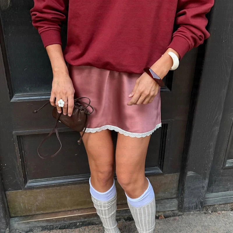 Sommer Sexy Hohe Taille Satin Elegante Hüfte Gewickelt Rock Y2K Amerikanische Mode Casual Straße Einfache Genähte Spitze Einfarbig Rock