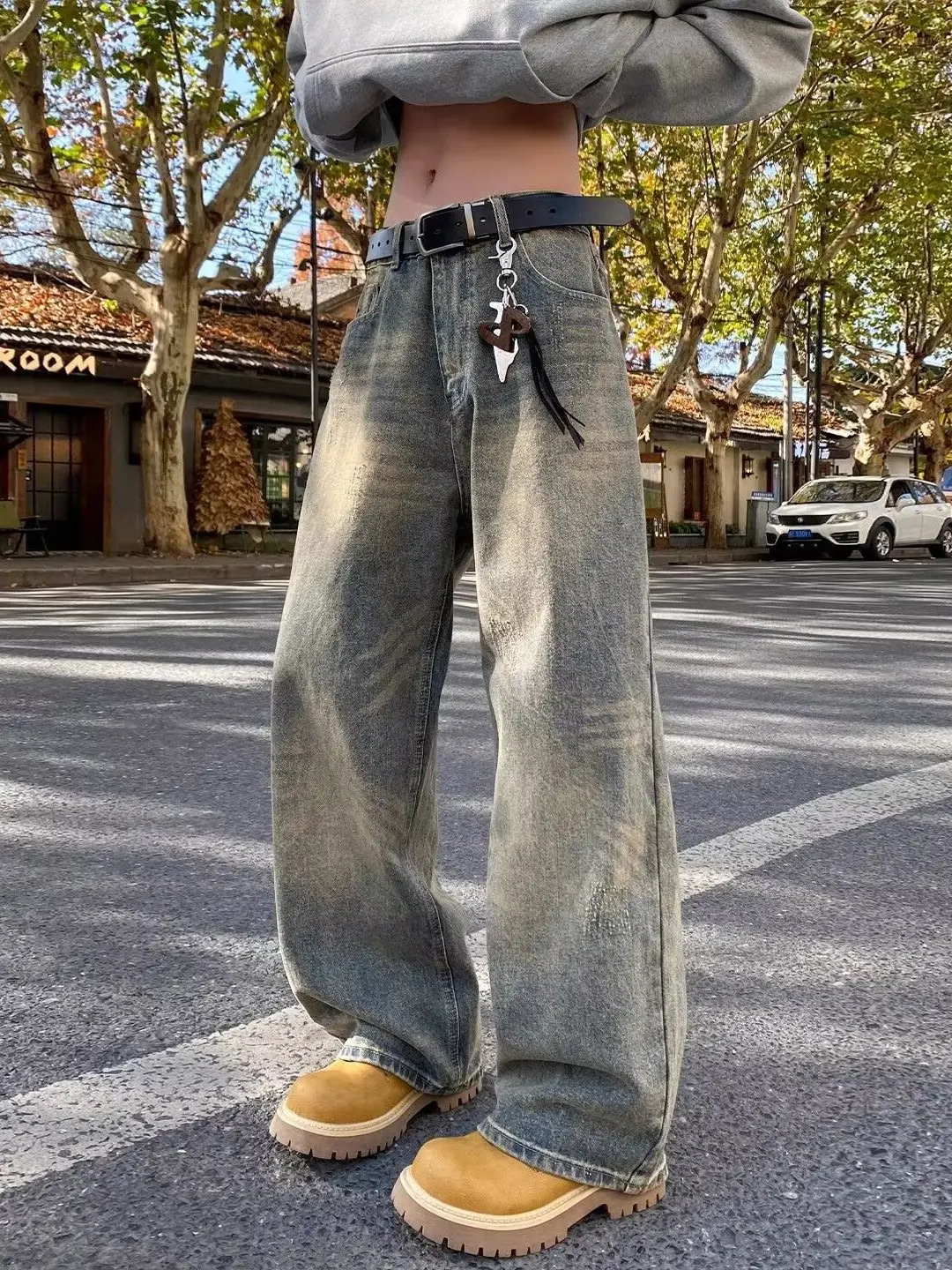 

Retro American Denim Jeans Men's Casual Loose Waed out Sle Youthful Wear Resistant Fabric mid Waist Zipper Fly
